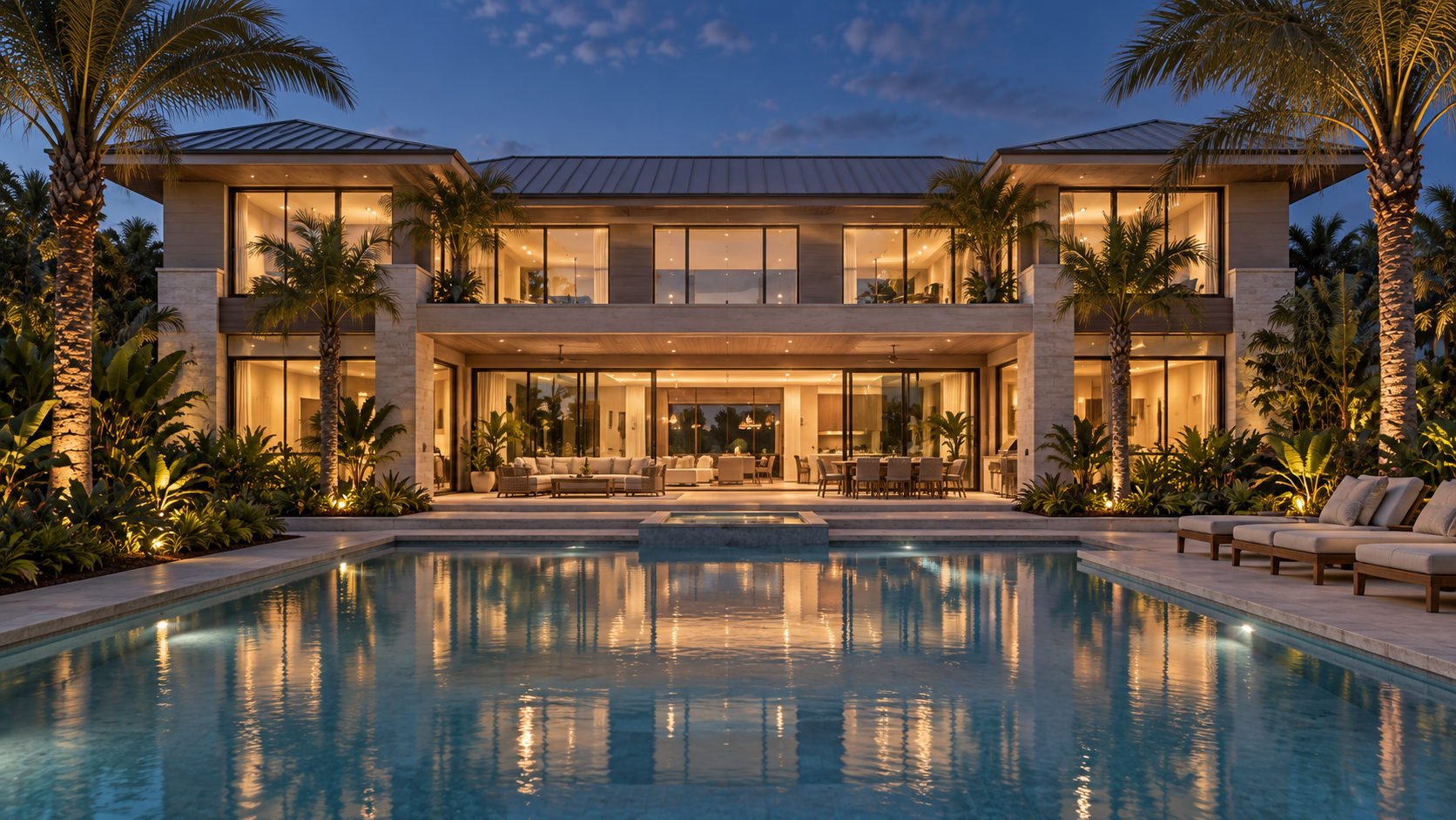 Pool terrace and covered outdoor living at dusk