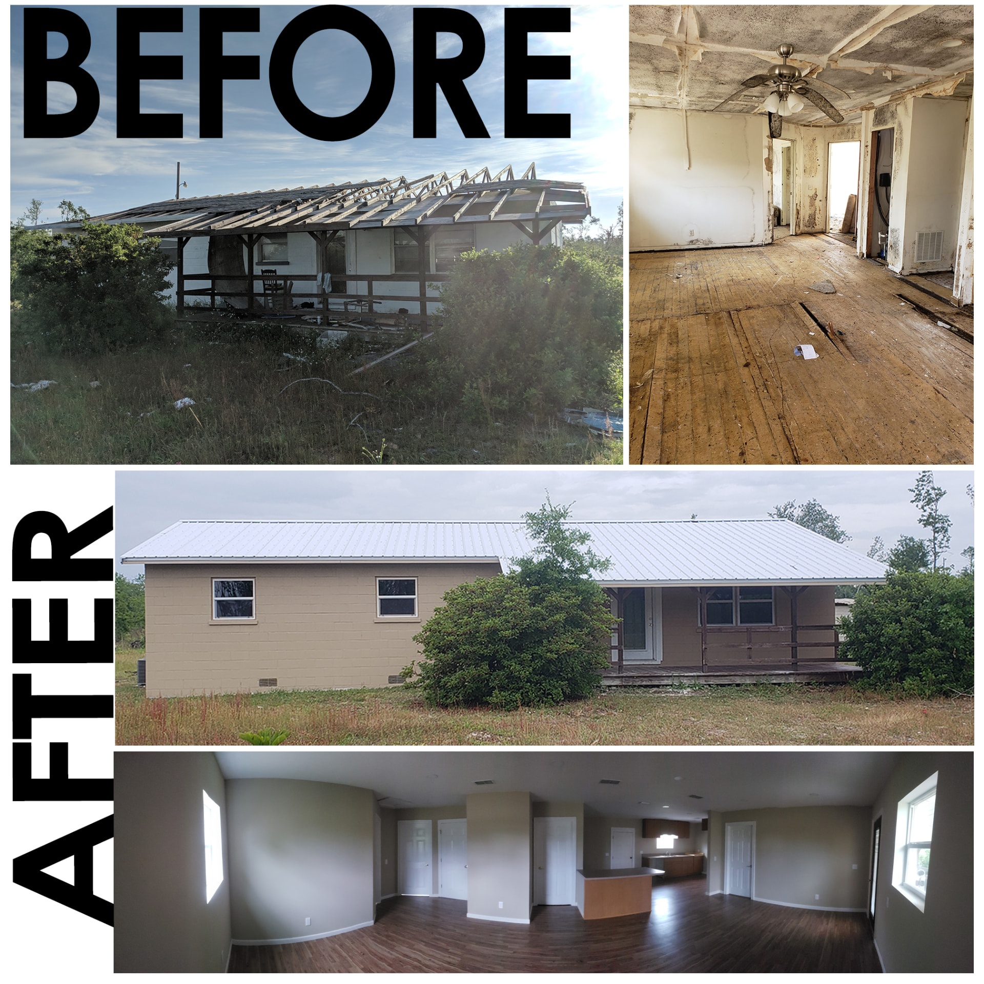 Before and after: a house with exposed roof framing and a damaged interior, followed by the repaired exterior with a metal roof and a finished open living space.