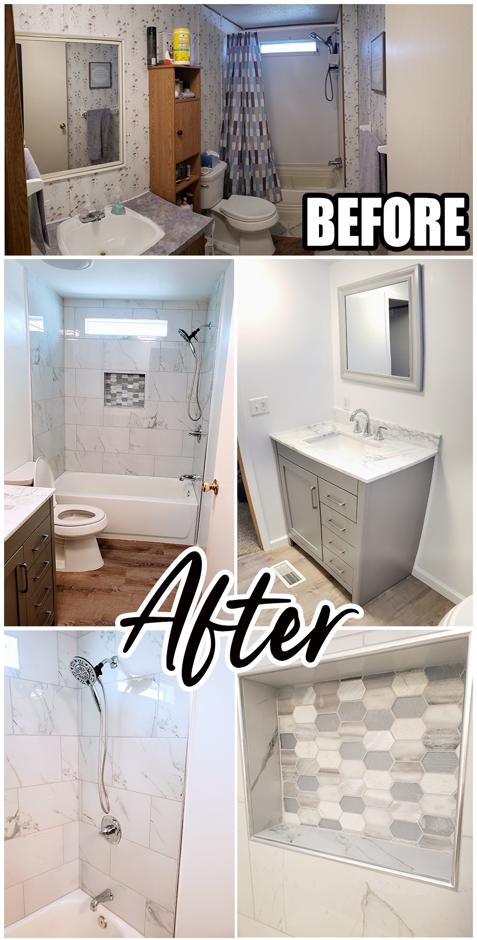 Before and after: a bathroom with patterned wallpaper and a wood cabinet, followed by a gray vanity, marble-look tub and shower tile, wood-look flooring, and a hexagonal mosaic shower niche.