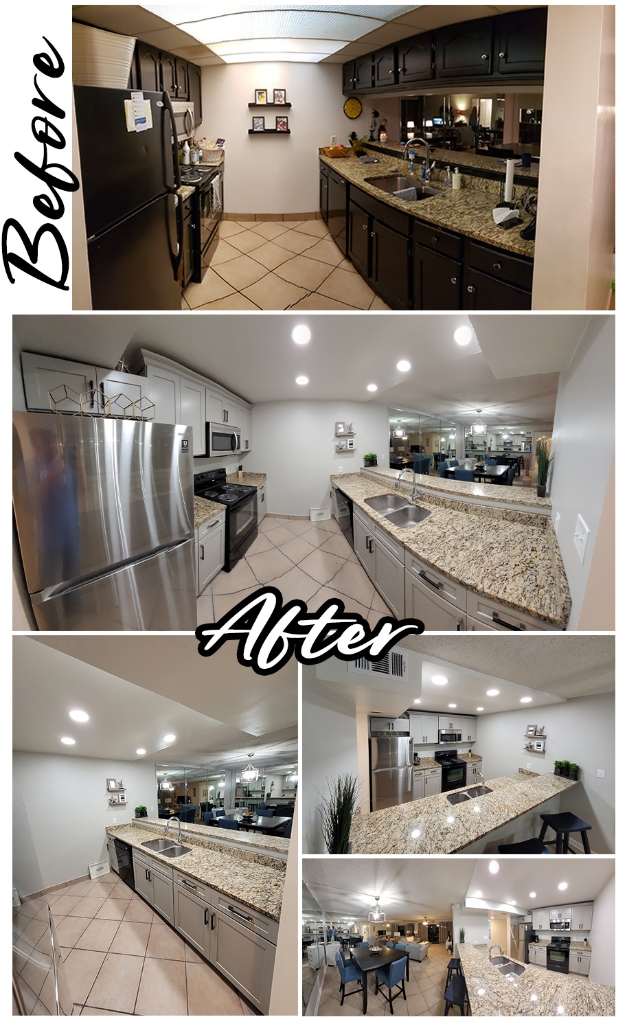 Before and after: a kitchen with dark cabinets and a paneled ceiling, followed by light gray cabinets, stainless steel appliances, recessed lighting, and views across the countertop to the dining area.